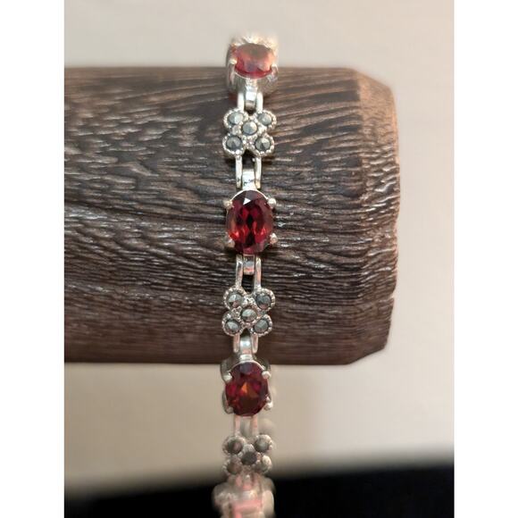 Vintage 925 Sterling Silver Garnet Marcasite Tennis Bracelet - Picture 2 of 4